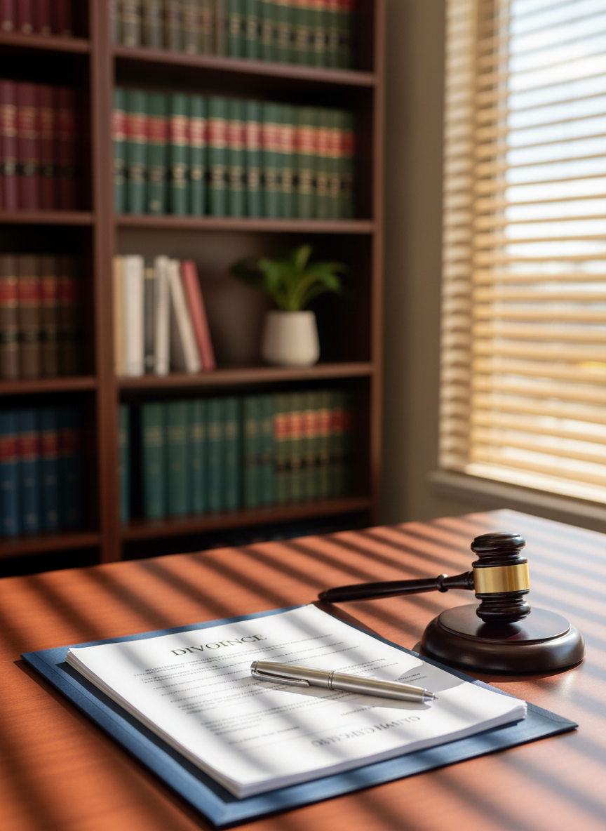 A neatly organized legal consultation desk in a Winter Haven, Florida law office, photographed in realistic detail. The focus is on a stack of crisp divorce paperwork in a navy blue folder, alongside a polished silver pen and a sturdy dark-wood gavel resting on a smooth mahogany desk. Behind them, a blurred bookshelf with neatly arranged legal volumes and a small potted plant adds depth. Warm afternoon sunlight filters through venetian blinds, casting soft parallel shadows across the documents. The mood is professional, calm, and reassuring. Shot at eye level with a shallow depth of field, the documents and pen in sharp focus while the background softly fades, creating a clean, modern, and trustworthy aesthetic suitable for a divorce services website.