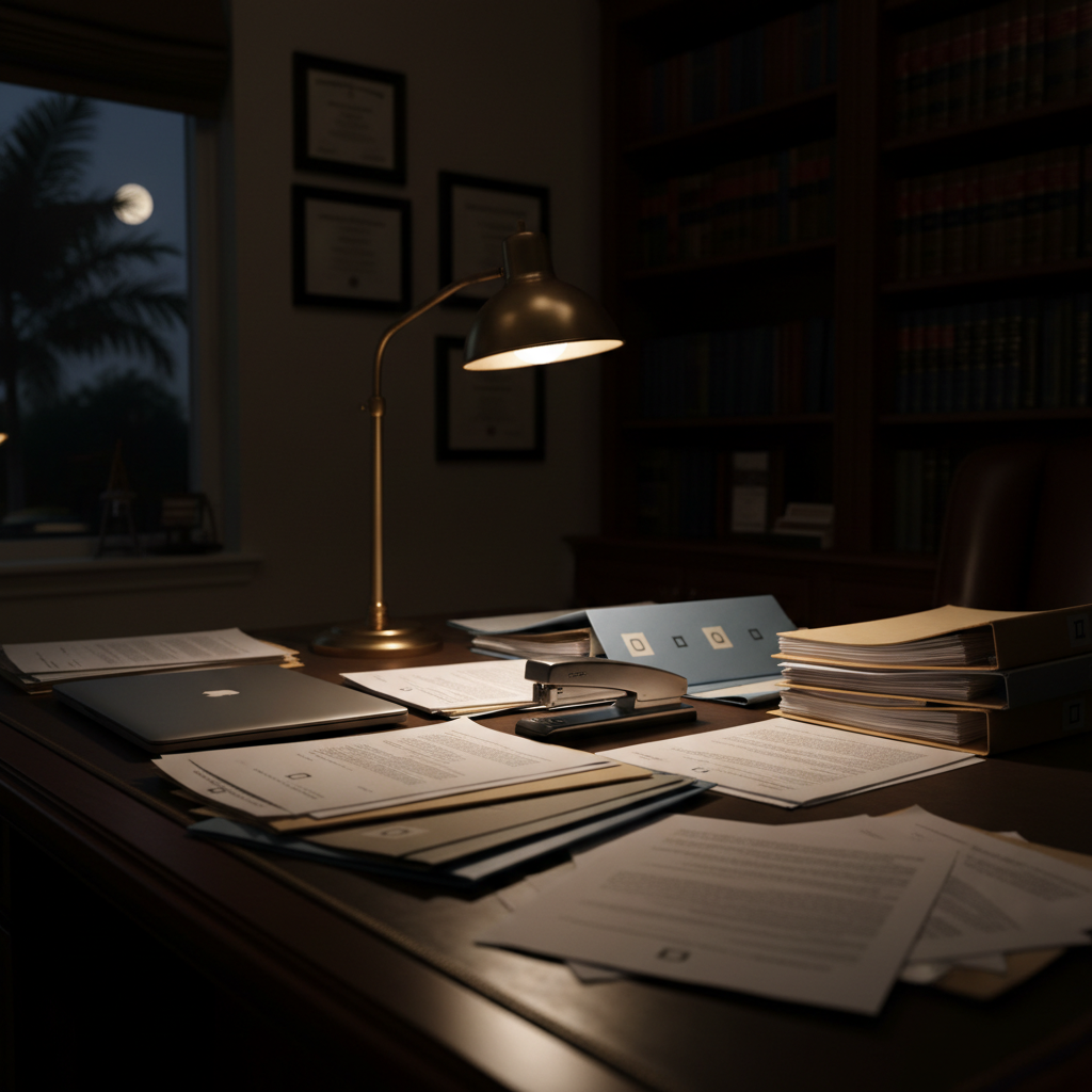 A detailed, photographic night view of a solo attorney’s desk in Winter Haven, Florida, emphasizing diligent work on divorce cases. A single desk lamp with a warm, focused glow illuminates a spread of organized legal documents, color-coded folders labeled only by neutral symbols, and a robust stainless-steel stapler. A closed laptop with a faint reflection of palm trees from an unseen window adds a subtle regional hint. The surrounding office is dimmer, with bookcases and framed certificates fading into soft shadow, suggesting privacy and concentration. Shot from a low, side angle, the lamp light creates gentle highlights on the paper edges and desk grain, with a shallow depth of field isolating the working area. The mood is dedicated, reliable, and discreet, reinforcing the seriousness of divorce paperwork and professional support.