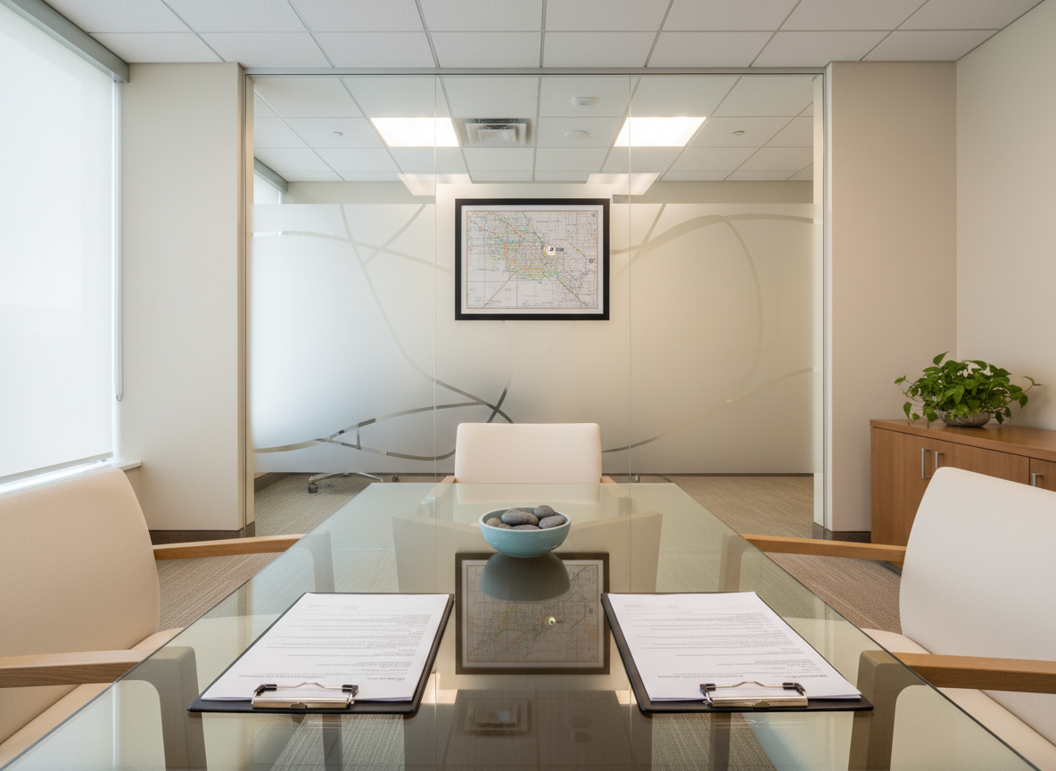 A modern Florida law office consultation room, empty of people, designed for divorce service meetings. The photographic scene centers on a rectangular glass-top table with two tidy stacks of legal forms, each clipped neatly in stainless-steel clipboards. A small, tasteful ceramic bowl with smooth river stones adds a touch of tranquility. In the background, a frosted glass wall features an abstract pattern, with a framed map of Central Florida subtly indicating Winter Haven’s location. Soft overhead recessed lighting combines with gentle daylight from a side window, creating an evenly lit, welcoming space. Shot from a wide-angle, eye-level perspective with sharp focus throughout, the mood is professional, neutral, and non-intimidating, emphasizing organization and client comfort during difficult transitions.