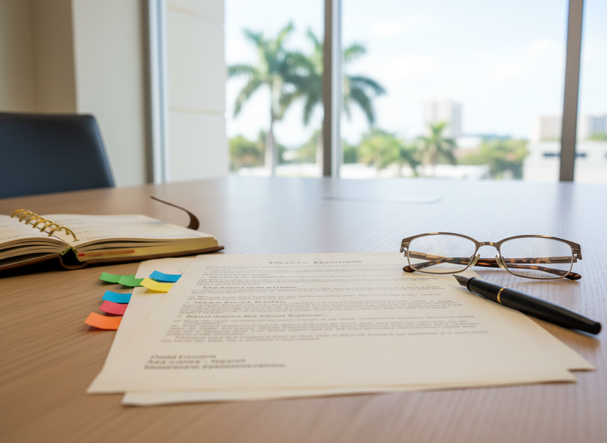 A close-up, photographic image of a detailed divorce agreement laid out on a light oak conference table, with color-coded sticky tabs marking important sections. A pair of reading glasses rests beside a sleek, matte-black pen, and a leather-bound planner lies partially open nearby. In the background, out of focus, a large window reveals a hint of palm trees and a bright Winter Haven skyline, suggesting a Florida setting. Soft, diffused daylight fills the room, eliminating harsh shadows and creating a calm, organized atmosphere. Captured from a slightly elevated angle using a shallow depth of field, the composition emphasizes clarity and precision, evoking professionalism, careful attention to paperwork, and supportive legal guidance.