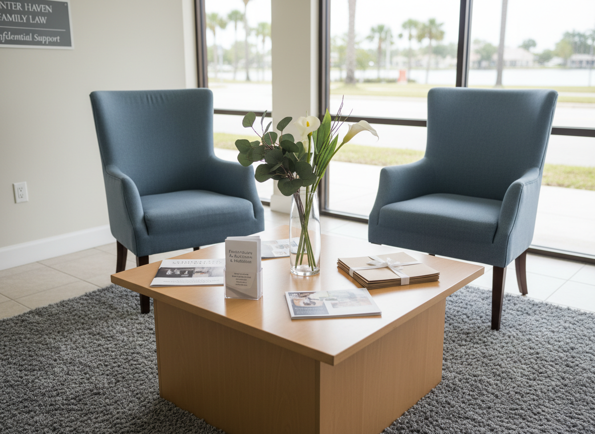 A serene, photographic view of a law office reception area specializing in divorce services, styled to feel safe and confidential. The main focus is a low, square coffee table holding neatly arranged informational brochures about family law, a small stack of anonymous-looking folders, and a simple glass vase with green foliage. The table stands on a soft gray rug, with two empty, high-backed upholstered chairs positioned opposite each other, suggesting private consultations without showing people. Natural light from large windows reveals a glimpse of sunny Winter Haven streets with palm-lined sidewalks, softly blurred. The lighting is bright yet gentle, with minimal contrast, creating a calm, professional mood. Captured at a slightly angled, mid-distance shot, the composition is balanced and inviting, reflecting supportive divorce services.