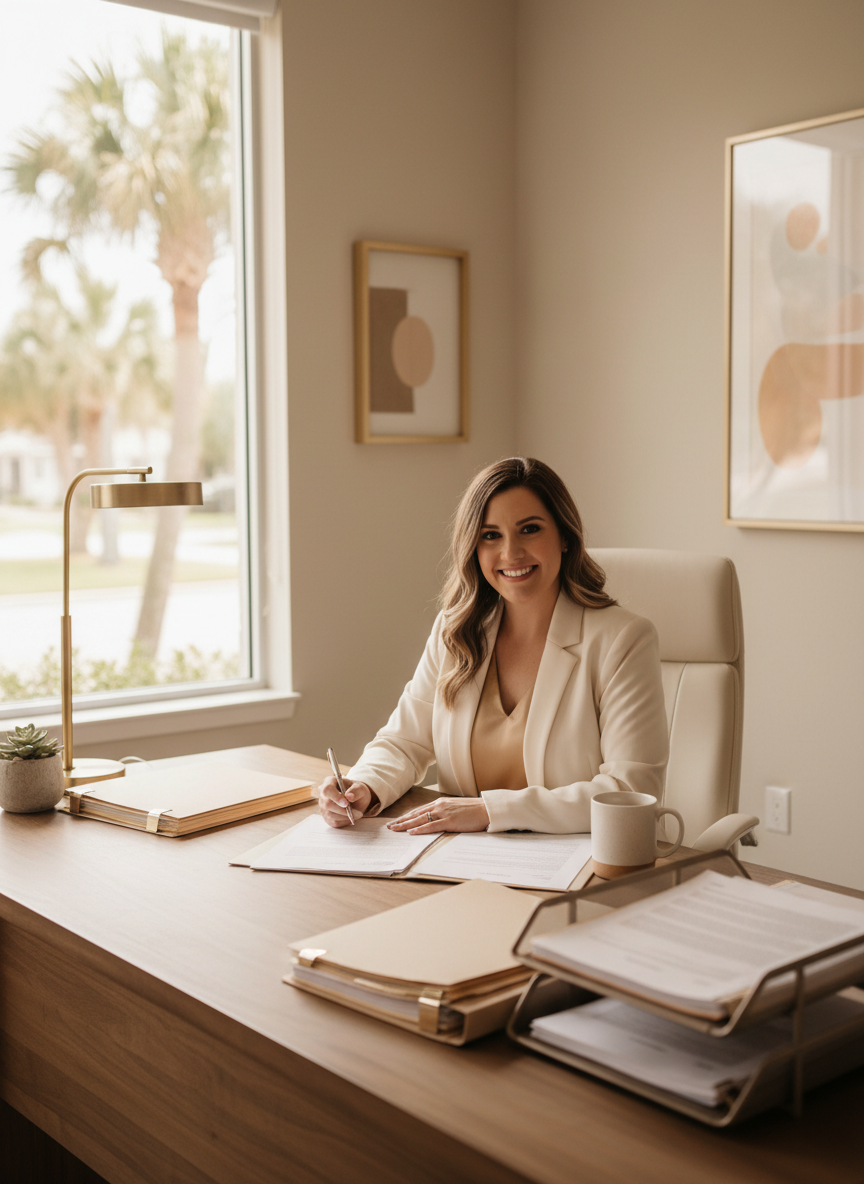 A friendly professional document preparation specialist in a warm, well-lit modern office in Winter Haven Florida, reviewing organized paperwork at a clean desk with natural light streaming through a window.