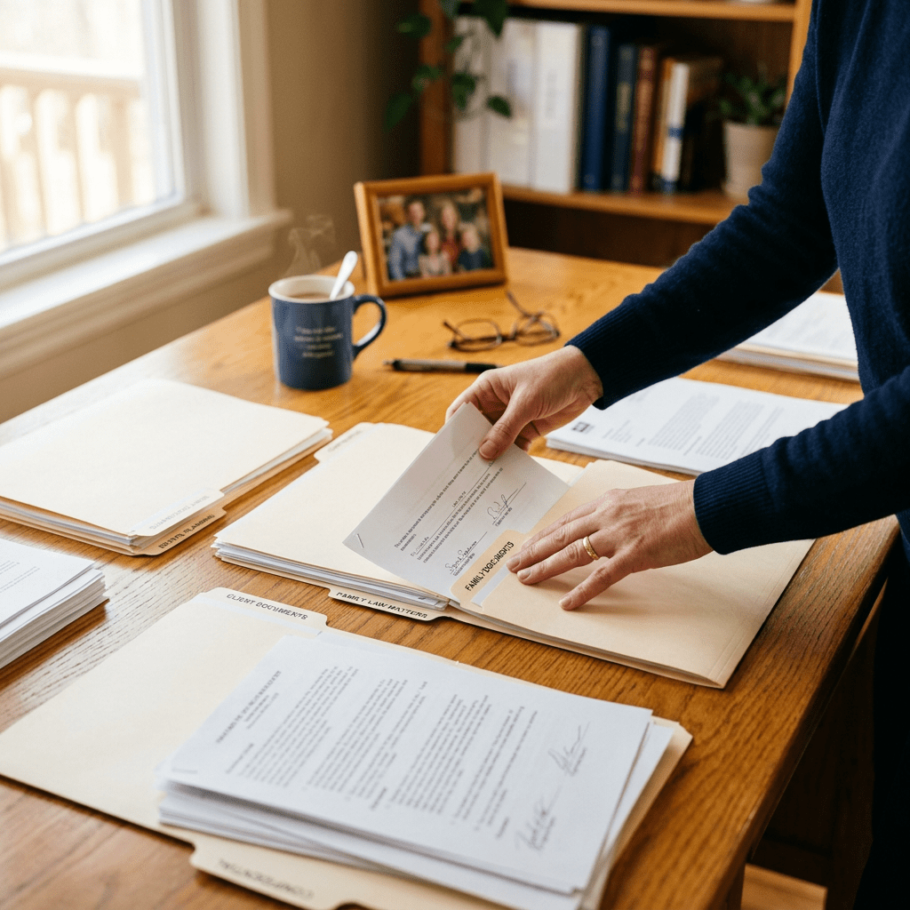 Person organizing signed legal documents beside folders and a family photo